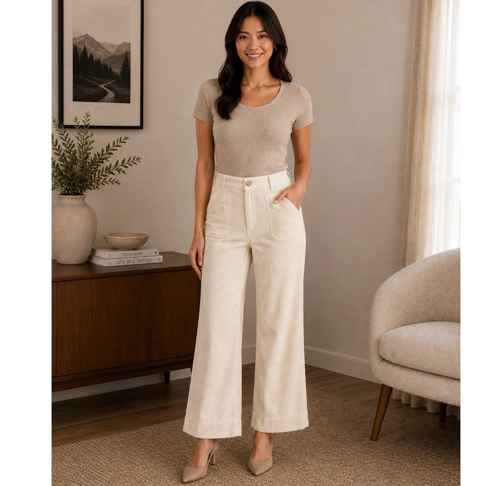 Maeve Anthropologie Colette Wide Leg Pants Womens 0 Ivory Corduroy Cropped